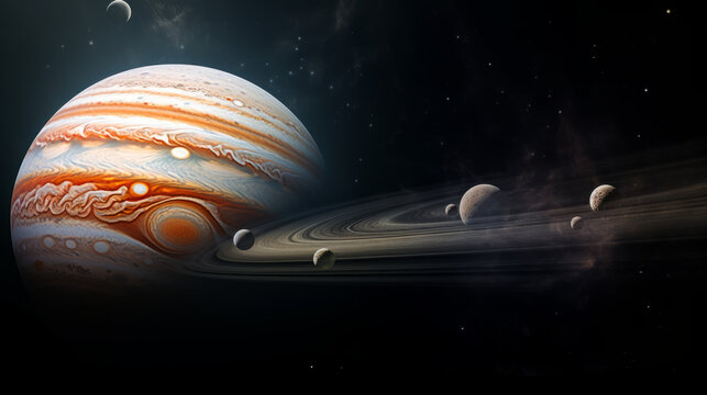 Artistically rendered view of Saturn with its iconic ring system and moons against a star-filled backdrop