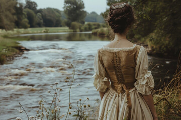 A woman in an 18th-century vintage dress is standing by a river.
