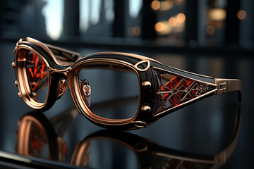A closeup shot of a trendy eyeglass frame highlighting the intricate details and design elements.