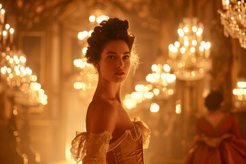 A woman in an 18th-century vintage dress is standing in a grand ballroom.