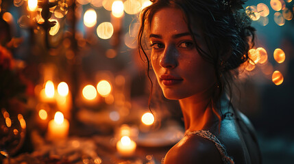 Portrait of a young beautiful woman against warm evening lights backdrop.