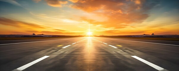A tranquil runway basks in the warm glow of sunset. Concept Landscape Photography, Sunset Reflections, Tranquil Scene - obrazy, fototapety, plakaty