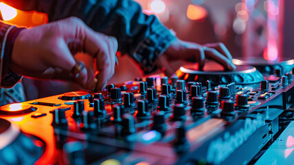 dj in action, close up of a dj at work, dj at the party, dj is mixing music at the party, dj deck close up