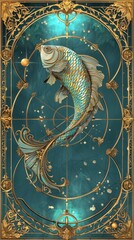zodiac pisces, massive & mystical, embodies the zodiac sign. artwork in Art Nouveau style, Ethereal in the cosmos, a symbol for astrology & fortune.