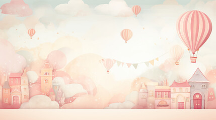 Background in pastel colors for children with clouds, balls, and flying air balloons. - obrazy, fototapety, plakaty