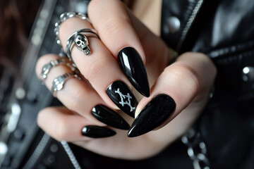 A woman's hand holding a guitar pick, with long nails in a black color and a skull and crossbones design on her middle finger - obrazy, fototapety, plakaty