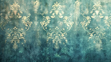 Blue victorian vintage wallpaper design with texture. Retro seamless pattern with floral damask elements. Old fashioned rococo textile print. Vector background illustration.