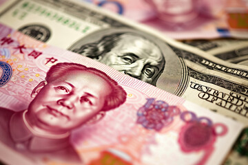 Chinese Yuan and US Dollar Banknotes Close-up - obrazy, fototapety, plakaty