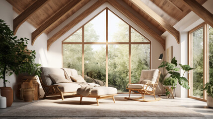 A tranquil living room with a wooden truss ceiling, a cedar armchair, and a seagrass rug - obrazy, fototapety, plakaty