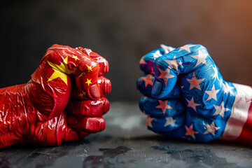 Fist Bump with Painted USA and China Flags Gloves - obrazy, fototapety, plakaty