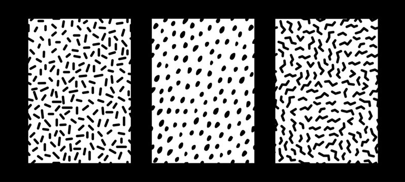 Pack de tres patrones para fondos o estampados con formas abstractas org&aacute;nicas, ondas, marcas, motas, lineas. Vectores abstractos en blanco y negro