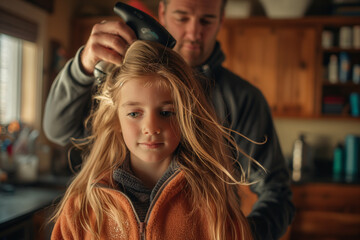 father blow-drying his blonde daughter's hair