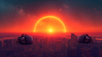 Virtual reality headsets rest against a futuristic cityscape with a digital sunset