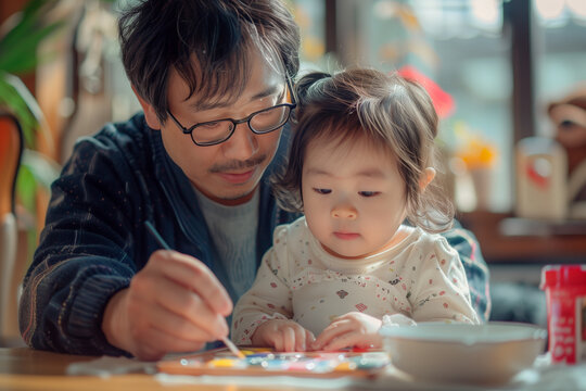 Asian father teaching daughter to paint.father and daughter concept