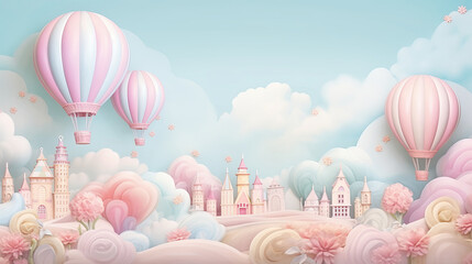 Background in pastel colors for children with clouds, balls, and flying air balloons.