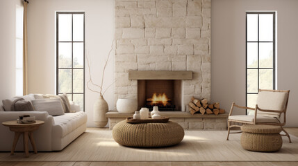 Fototapeta na wymiar A tranquil living room with a stone fireplace, a wicker ottoman, and a sisal area rug