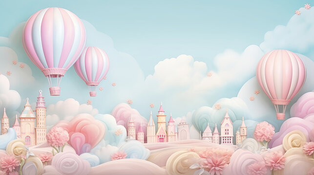 Fototapeta Background in pastel colors for children with clouds, balls, and flying air balloons.