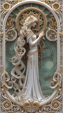 zodiac virgo, massive & mystical, embodies the zodiac sign. artwork in Art Nouveau style, Ethereal in the cosmos, a symbol for astrology & fortune.
