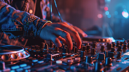 dj in action, close up of a dj at work, dj at the party, dj is mixing music at the party, dj deck close up