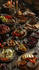 A wooden table topped with lots of food