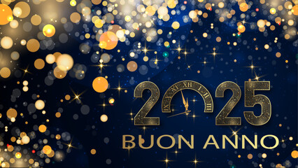 biglietto o banner per augurare un felice anno nuovo 2025 in oro lo 0 è un orologio su uno sfondo sfumato blu scuro con stelle e cerchi color oro con effetto bokeh - 751735743