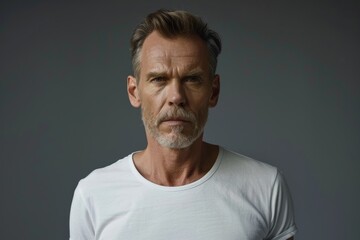 Obraz premium Confident middle aged man in white t shirt poses for close up portrait Gray background