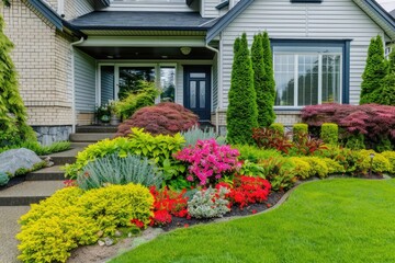Front yard, landscape design with multicolored shrubs and green grass with a beautiful yard for the background. - obrazy, fototapety, plakaty