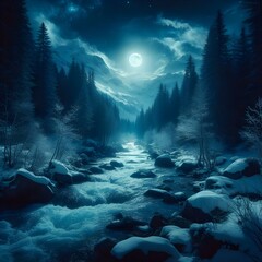 River in forest at night only moon is shinning and making blue light at scene. - obrazy, fototapety, plakaty