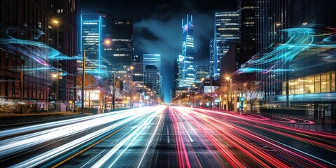 Fototapeta na wymiar Captivating long exposure shot of a bustling city at night with vibrant lights and urban activity