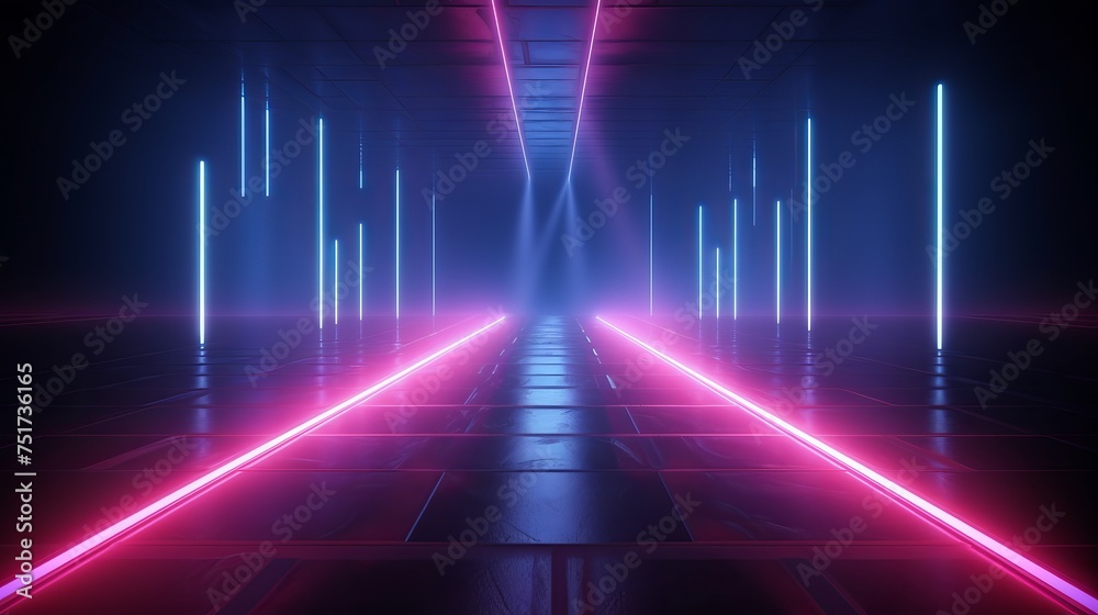 Canvas Prints Neon Lines and Rays on Dark Corridor Background. Abstract Background with Glow and Lines.