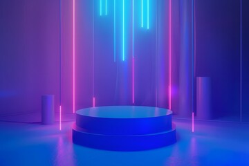 3d luminous blue cylindrical podium with neon rays falling from above,futuristic design,presentation,layout, demonstration of cosmetics,design concept,marketing and advertising