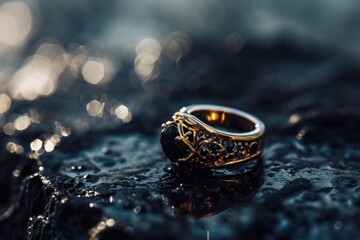 Jewelry gold ring with a precious stone on a dark background. Perfect for jewelry store advertisements or engagement-related content with Copy Space.