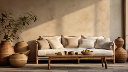A tranquil living room with a bamboo sofa, woven baskets, and natural stone accents