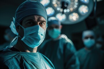 a medical professional from behind, ready for surgery, with the operating room team illuminated by intense overhead lighting.