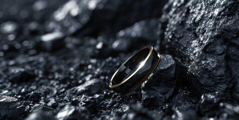 Wedding rings on the background of black coal, close-up. Perfect for jewelry store advertisements or engagement-related content with Copy Space.
