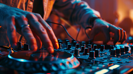 dj in action, close up of a dj at work, dj at the party, dj is mixing music at the party, dj deck close up