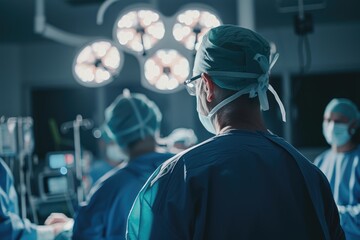 In the operating room, a figure in blue stands ready, while the surgical team prepares in the background under the stark, bright lighting.