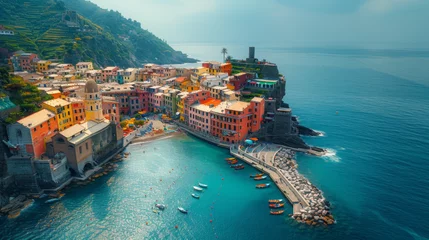 Papier Peint photo Lavable Europe méditerranéenne Scenic view of colorful village Vernazza and ocean coast in Cinque Terre, Italy.