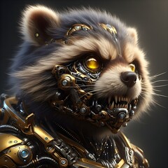 A cybernetic cute fluffy kawai baby racoon with shiny golden power armor.