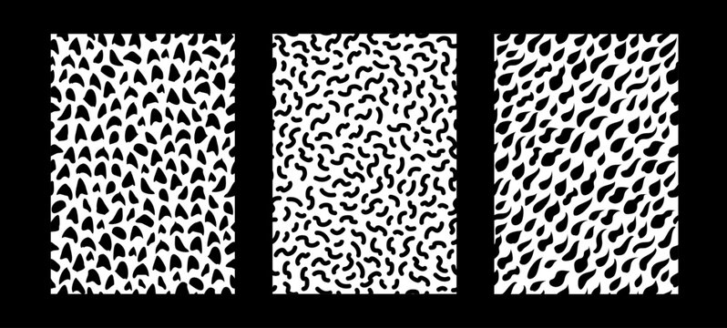 Pack de tres patrones para fondos o estampados con formas abstractas org&aacute;nicas, ondas, marcas. Vectores abstractos en blanco y negro