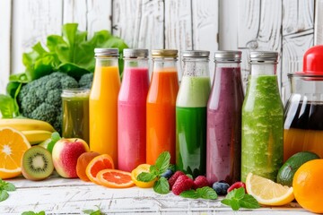 Detox and diet concept colorful smoothie drinks and ingredients on white wooden background