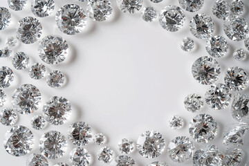 Diamonds on white. Diamonds scattered on a white background with empty space in the center. Precious gems collection, jewelry