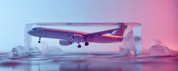 Airplane in ice cube. Canceled flights, airplane flight delays, frozen tickets, frozen flights, tourism and travel concept, plane crash