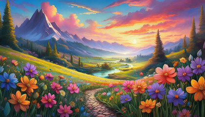 Detailed illustration of beautiful landscape with blooming flowers and trees, mountains.