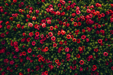 An aerial shot of a field of poppies. The red flowers create a stunning contrast with the green leaves.