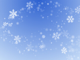 Fototapeta na wymiar Random heavy snowflakes backdrop. Wintertime speck freeze granules. Snowfall sky white blue pattern. Little snowflakes january vector. Snow nature landscape.