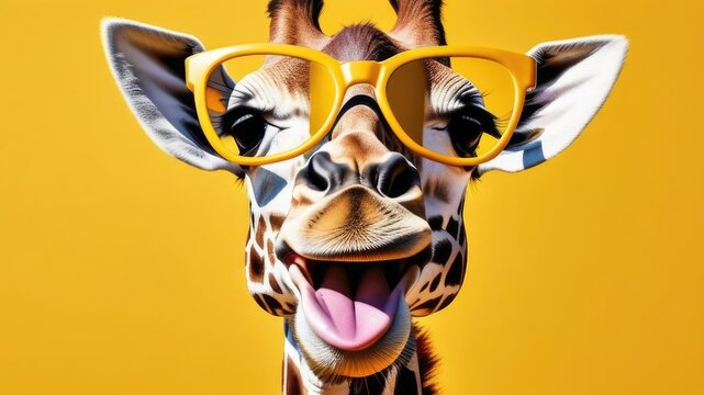 Portrait of smiling giraffe with glasses on yellow monochrome background. Concept of vision. Creative design. Space for text, free space, copyspace.