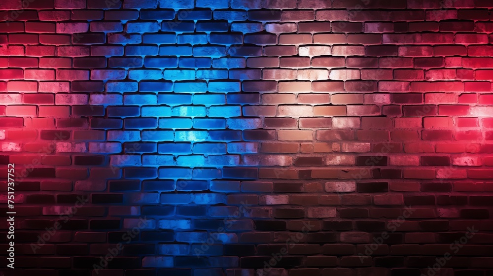 Poster red and blue lighting effect on brick wall for party happiness concept. product placement showcase.