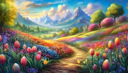Fotobehang Detailed illustration of beautiful landscape with blooming flowers and trees, mountains. © hardvicore