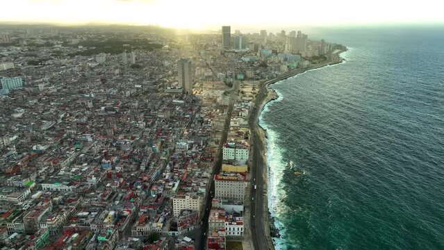 Aerial view: Sunset Havana waterfront, Cuba